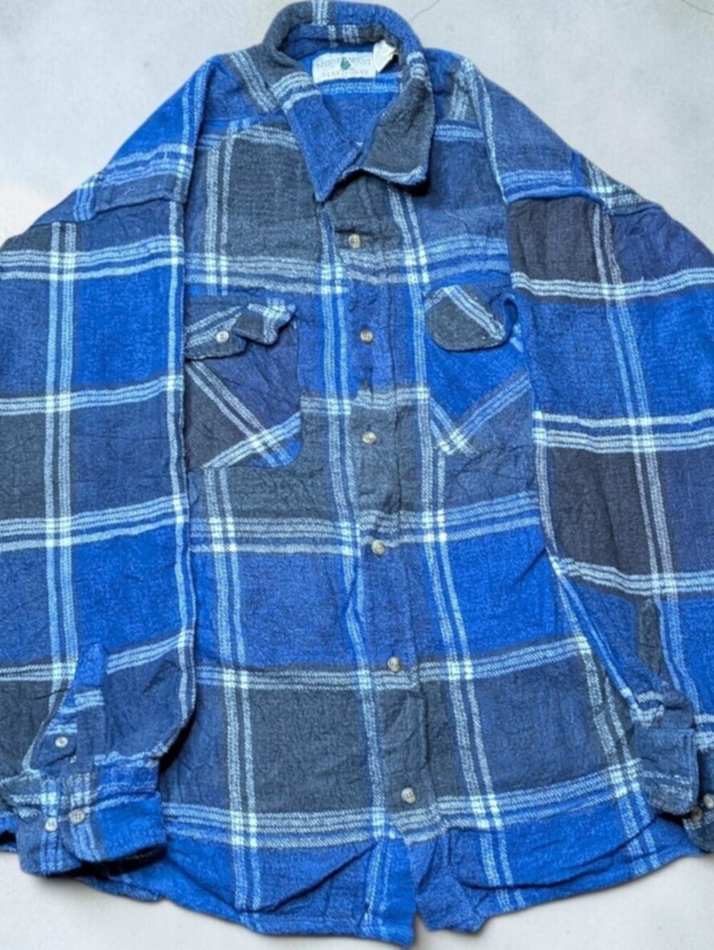 Vintage 90s Northwest Territories Lumberjack Flannel Size XL Black n Blue Plaid